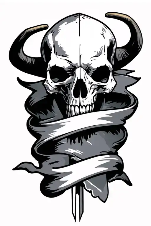 sword through steer skull with banner wrapping tattoo design idea