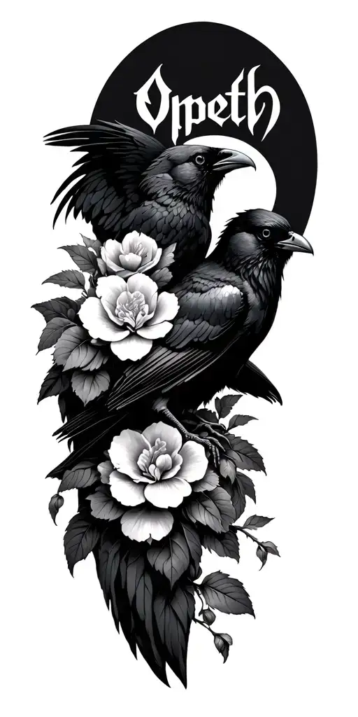 gardenia flowers intertwined, arm sleeve, a crow on the shoulder. the Opeth logo behind the crow. tattoo design idea