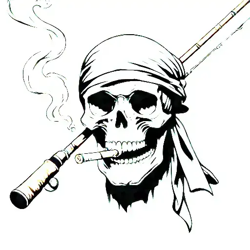 skull smoking a cigarette wearing a bandana holding a fishing pole tattoo design idea