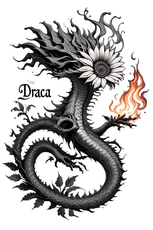 Asian feminine dragon blowing fire at the poison tree with one healthy branch with a sunflower on it and the words draca tattoo design idea