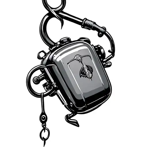 Harley gas tank attached to fishing hook hanging outline tattoo design idea