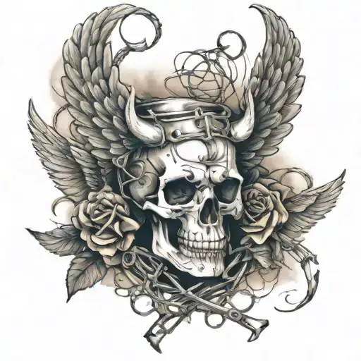 skull with devil horns and angel wings with barbwire  tattoo design idea