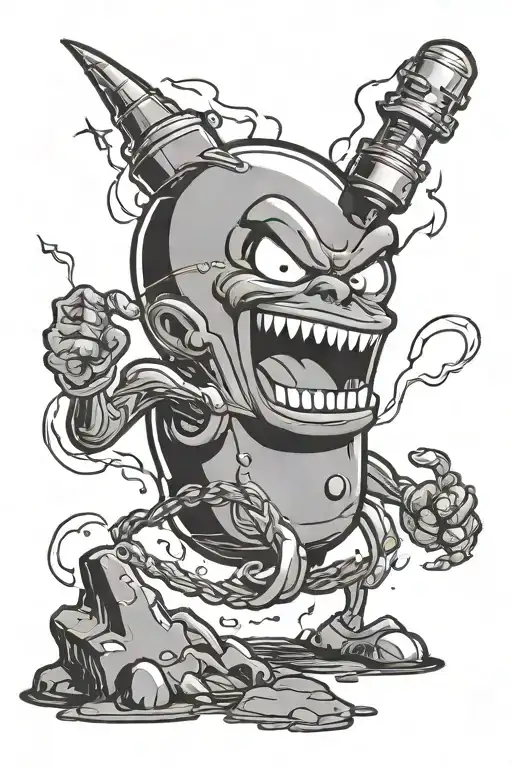 creepy old cartoon bomb character lightning his own fuse while laughing  tattoo design idea