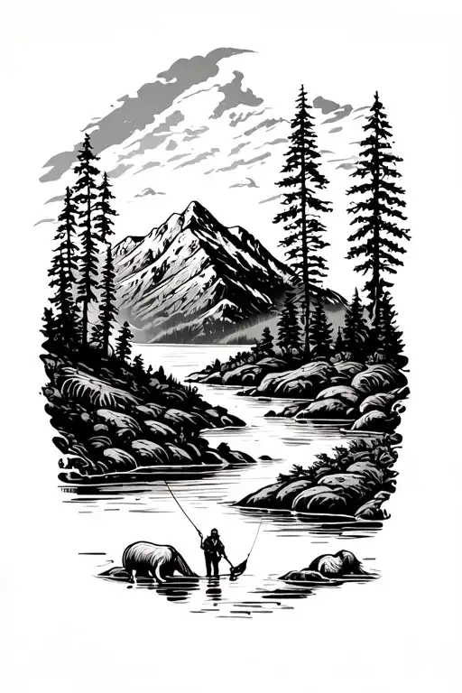 Mountain landscape tattoo featuring animals and fisherman in stream tattoo design idea