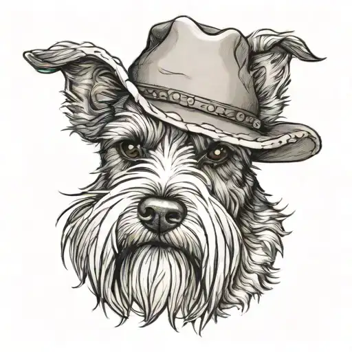 salt and pepper schnauzer with cowboy hat and brown eyes and a collar looking to the side tattoo design idea