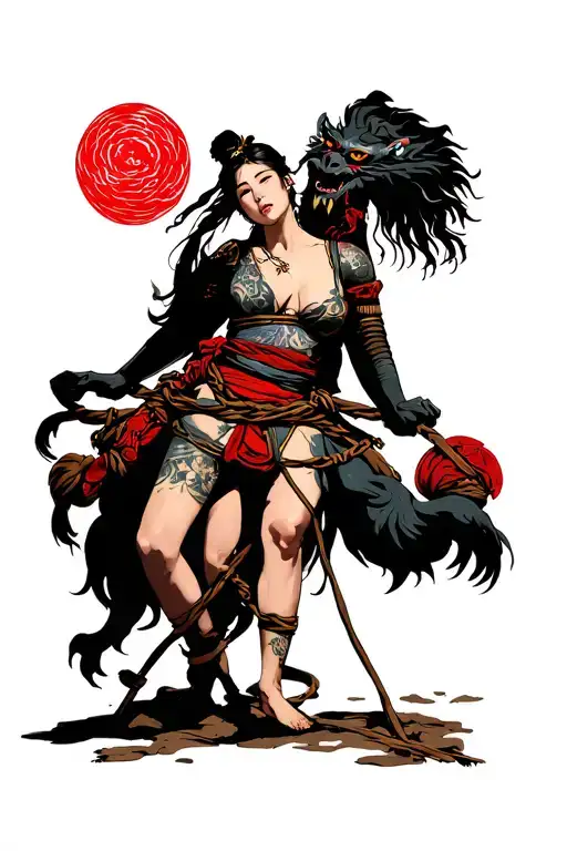 Woman tied in bondage on ground being rescued by warrior from teh demons who kidnapped her tattoo design idea
