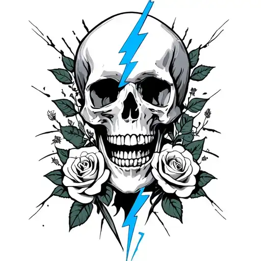 Lightning Bolt breaking a skull in half and roses blooming tattoo design idea