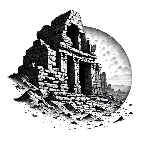 Tattoo, hooded shadow, desert, immortality cut, elven temple ruin, mystical atmosphere tattoo design idea