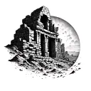 Tattoo, hooded shadow, desert, immortality cut, elven temple ruin, mystical atmosphere tattoo design idea