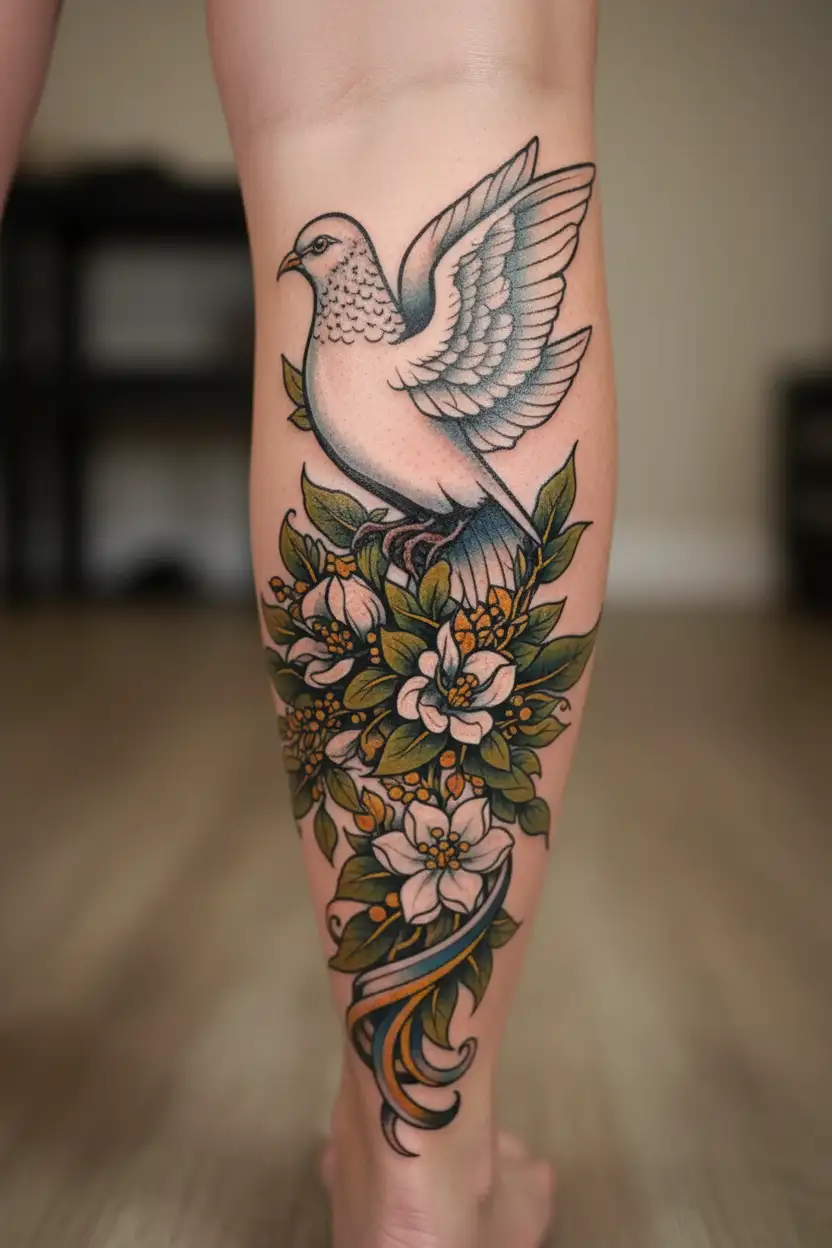 999 tattoo with dove carrying olive branch tattoo design idea