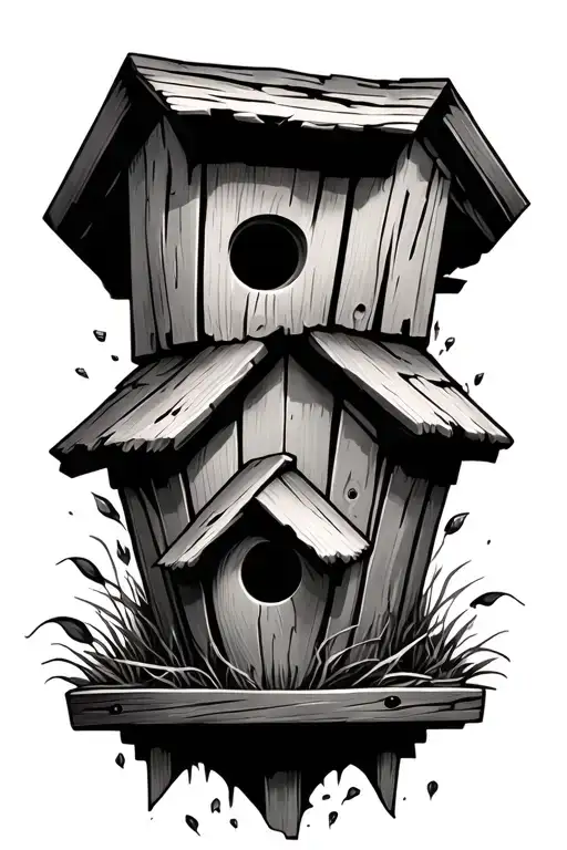 rugged Birdhouse, broken boards tattoo design idea