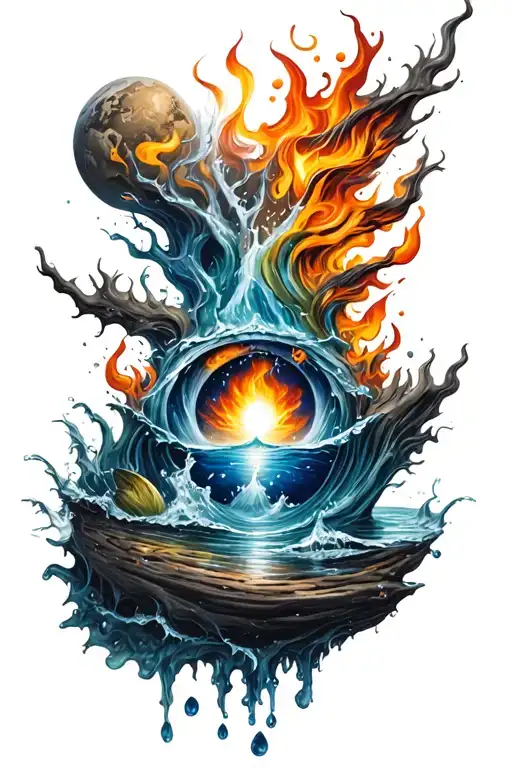A unique design combining the four elements (earth, water, fire, air) into a cohesive and balanced composition tattoo design idea