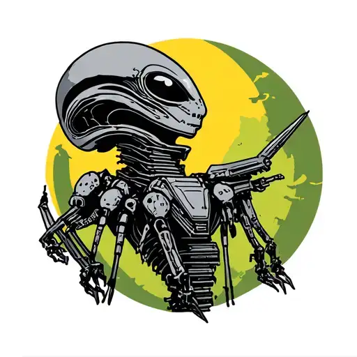 Sleeve tattoo sketches. Theme: Alien invasion. Style: Modern animation-like. Colorful, with more detail. Use the tripods tattoo design idea