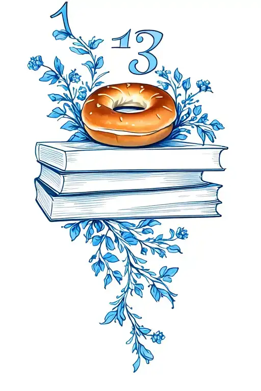 book stack of 13 with  blue flowered vines curling around, and a coffe and buttery bagel tattoo design idea