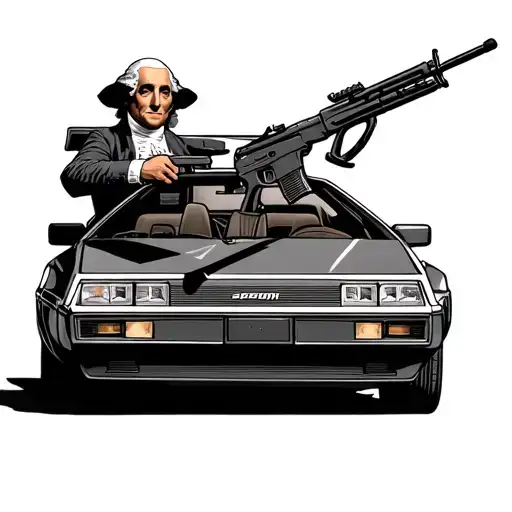 george washington holding an ar15 driving a delorean dmc tattoo design idea