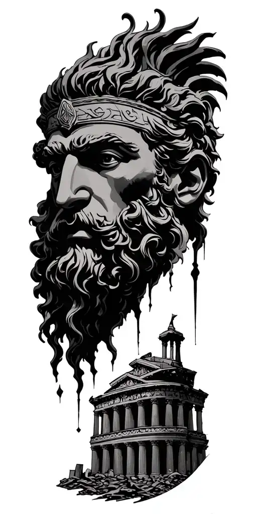 id want ares, and then below id want zeus, posseidon, athena and hades, with a few greek buildings that are destroyed  tattoo design idea