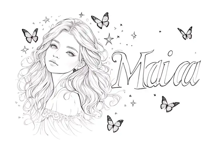 Maia written in white angelica with little stars and butterflies around tattoo design idea
