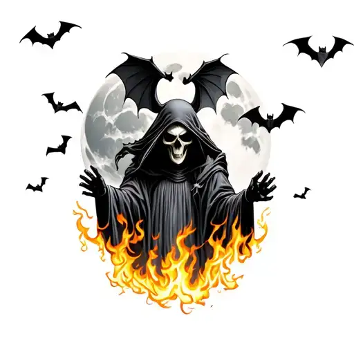 black and grey bats flying and a  reaper with a very detailed face in a cemetery with soft shaded flames and moon  tattoo design idea