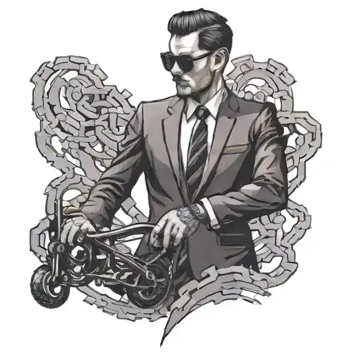 A black-grey tattoo of a sleek business suit with a hidden bike chain pattern, representing the balance between work and leisure tattoo design idea