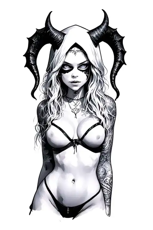 Sexy Pale Girl, Petite, Big Boobs, Wide Hips, G-string. Messy Hair, Demonic Horns, Sexual.... on hood, white eyes, mask tattoo design idea