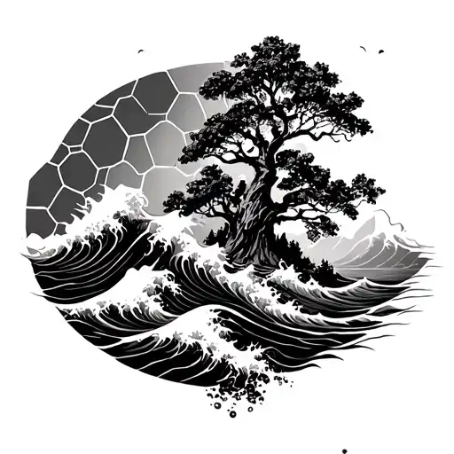 honeycombs with waves and trees tattoo design idea