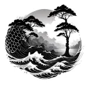 honeycombs with waves and trees tattoo design idea