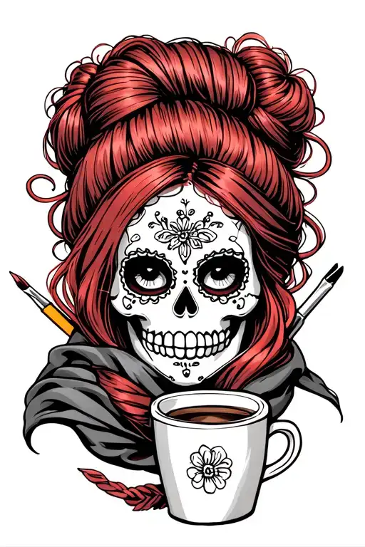 sugar skull with red hair in a bun and crochet hooks coming out of the bun wearing a hair scarf holding a coffee tattoo design idea