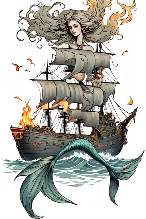 mermaid with burning ships tattoo design idea