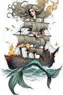 mermaid with burning ships tattoo design idea