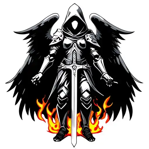 hooded, symmetrical, armored angel holding a sword. No face. Flames at the feet. Simple design tattoo design idea