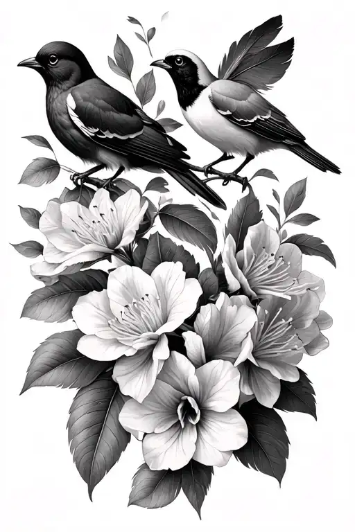 2 rhododendron, two birds and two feathers sleeve tattoo tattoo design idea