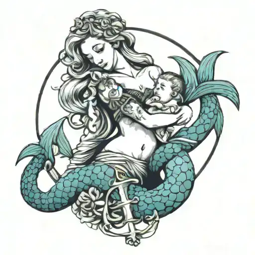 mermaid holding her baby in the shape of an anchor  tattoo design idea