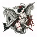 Sexy Angel, pale skin, Big breasts, Wide Hips, Angel wings, Halo, G-String, Revealing bra, Sexual, Bloody, Seductive. tattoo design idea