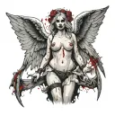Sexy Angel, pale skin, Big breasts, Wide Hips, Angel wings, Halo, G-String, Revealing bra, Sexual, Bloody, Seductive. tattoo design idea