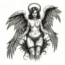 Sexy Angel, pale skin, Big breasts, Wide Hips, Angel wings, Halo, G-String, Revealing bra, Sexual, Bloody, Seductive. tattoo design idea