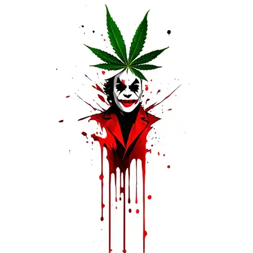 composition,joker,marijuana leaves in the background,dripping blood tattoo design idea