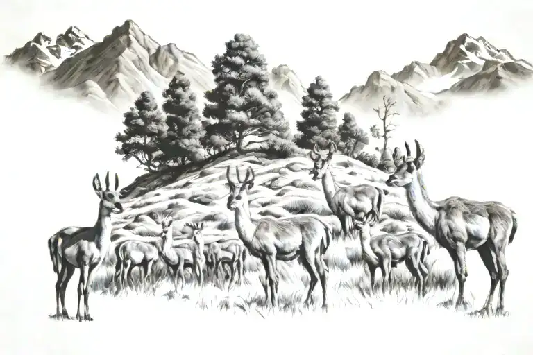 realistic tattoo of a herd of vicunas watching over grass in peruvian mountains,  tattoo design idea