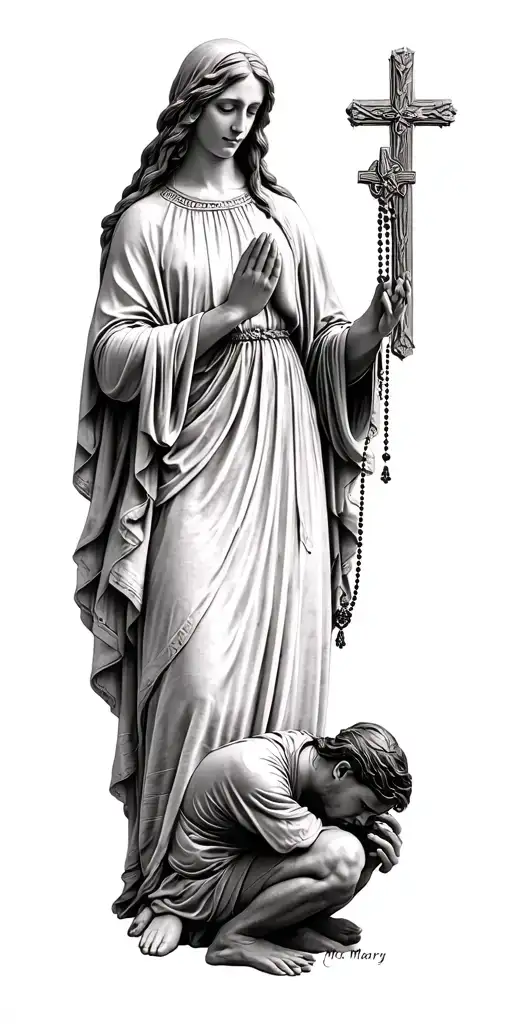 3 images; 1st part: virgin marry standing, 2nd: soldier praying on his knees and holding a rosary in the field tattoo design idea