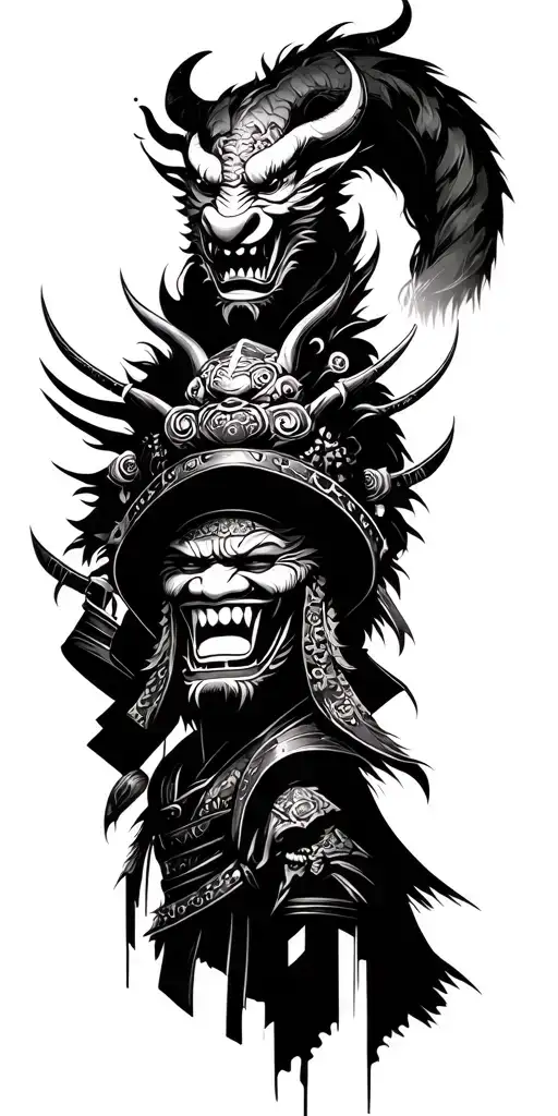 japanese style oni demon mask and samurai warrior surrounded tattoo design idea