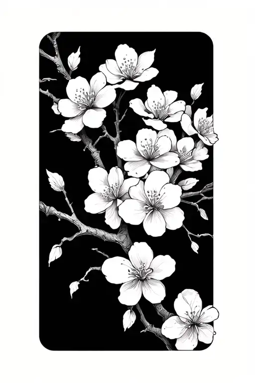 minimalist Tattoo band 5 cm wide. Black background with detailed cherry blossoms. cherry blossoms are uncoloured skin tattoo design idea