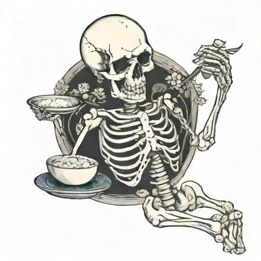 pretty skeleton with tiny bowl of rice tattoo design idea