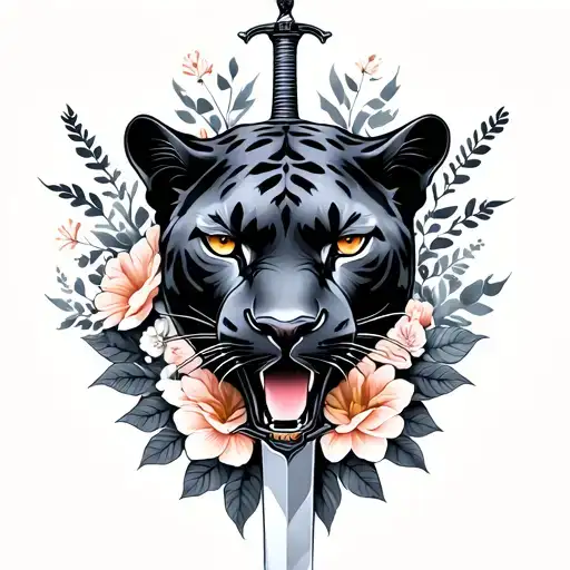 panther with dagger and floral tattoo design idea