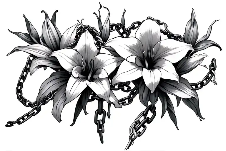 multiple cracked and broken chains with amaryllis flowers intertwined in the background tattoo design idea
