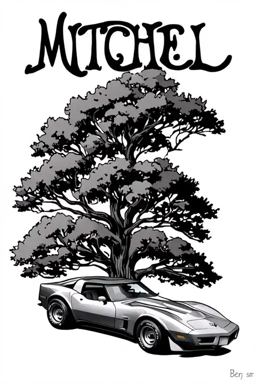family tree with the name Mitchell. the name Ben jr and kathy(parents) and the name Ben sr(grandpa) with a 1976 corvette tattoo design idea