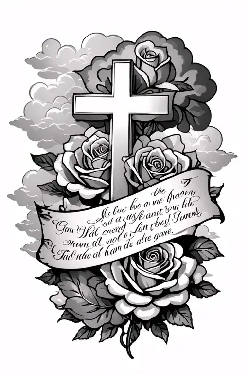 sleeve tattoo, cross, rose, clouds, bible verse written tattoo design idea