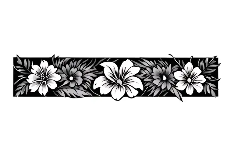 Vertical floral arm band tattoo with the Ōhiʻa lehua flowers, and polynesian outlines.  tattoo design idea
