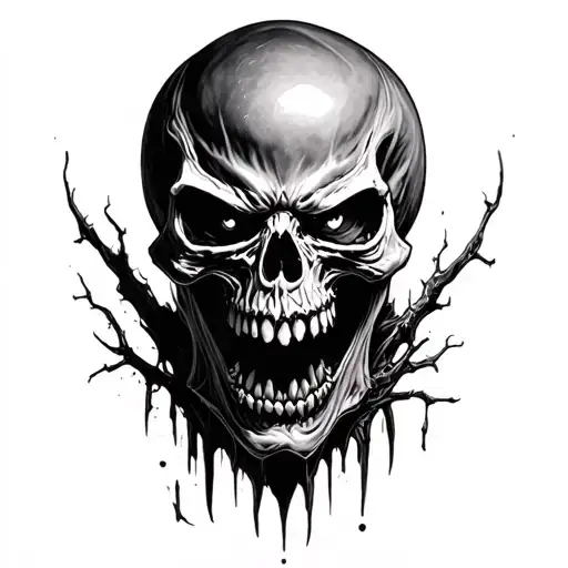 Highly detailed black and grey realism tattoo of a angry terrifying skull, ultra-realistic, scary and dark aesthetic,  tattoo design idea