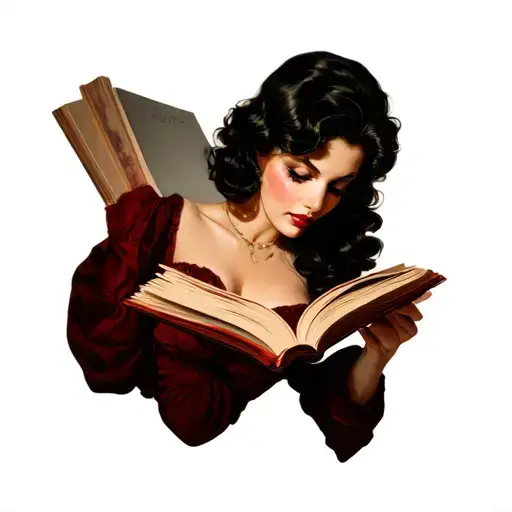 realistic pin up woman dark hair reading a book open in front head tilt sideway tattoo design idea