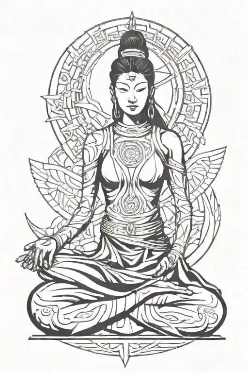 female warrior meditating tattoo design idea