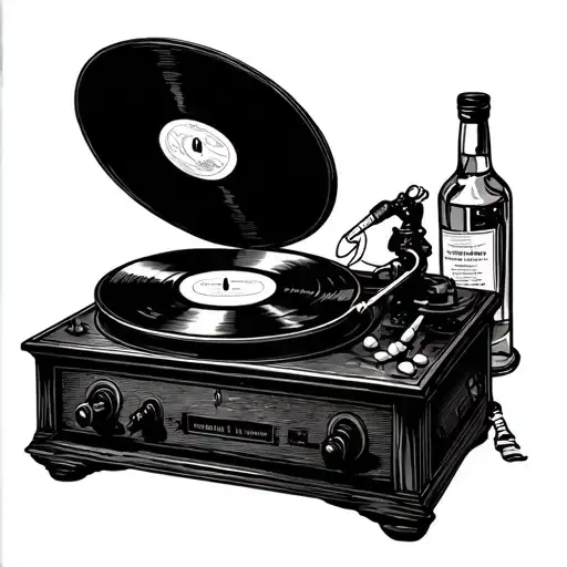 A blackwork tattoo of a vintage record player with needles injecting drugs and a bottle of alcohol, representing the client's passion for music and substances tattoo design idea